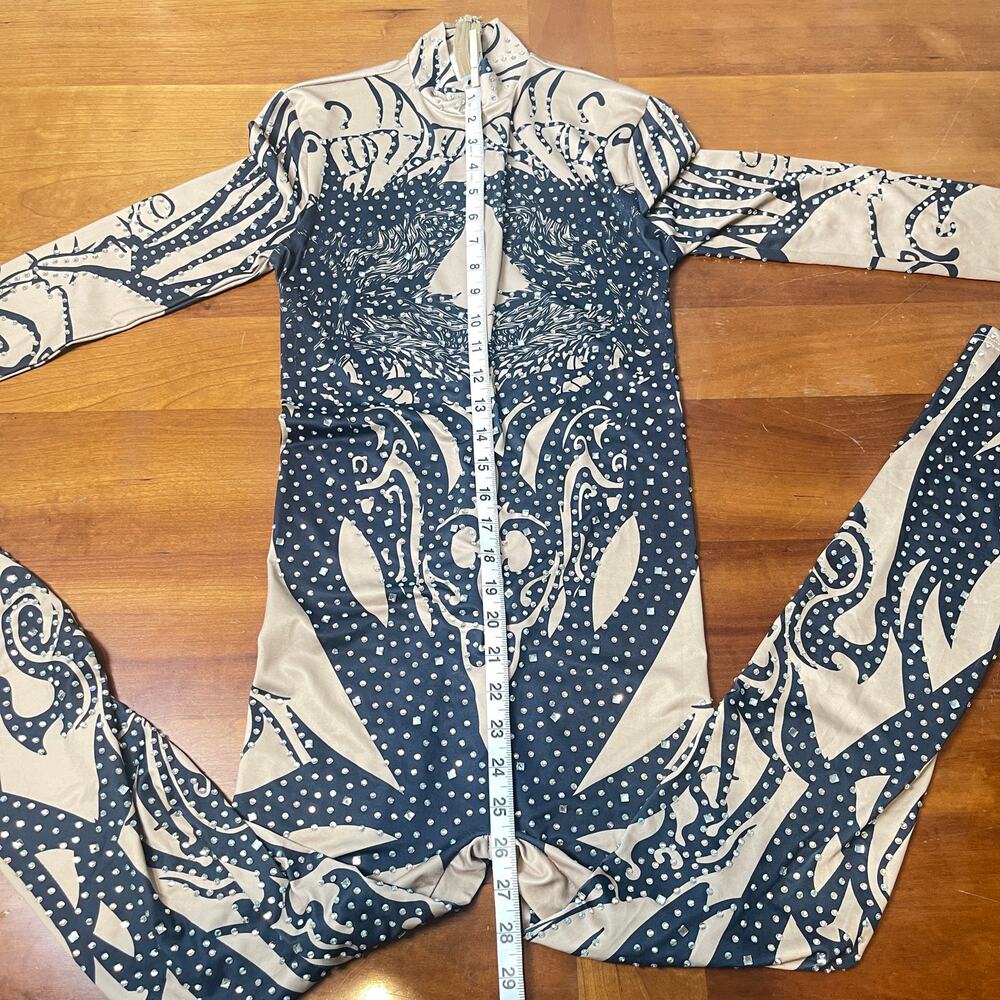 BANJUL Rhinestone Bodysuit Catsuit Nude Black Tribal Print Stretch Jumpsuit - Picture 14 of 15